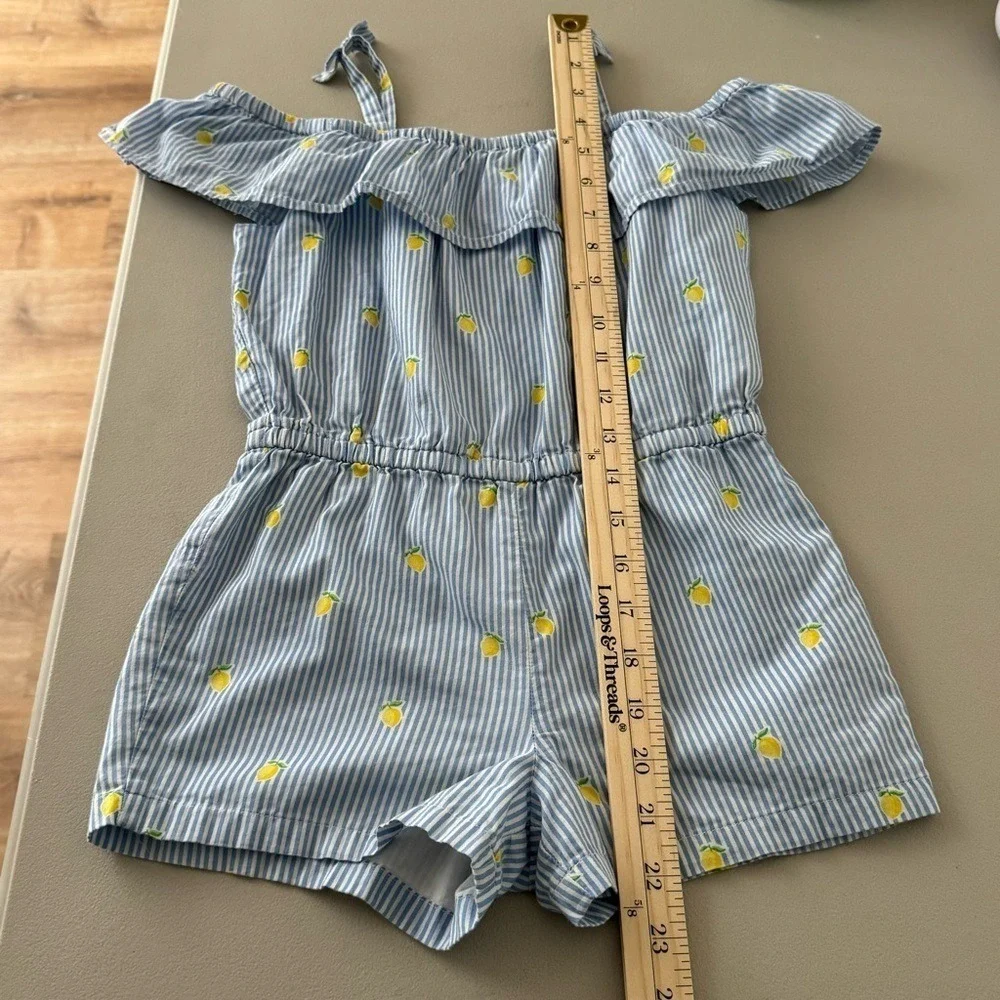 Janie & Jack Girls Romper 4T/5T Blue Stripe Lemon Ruffle Beach Vacation Cotton - Picture 13 of 13